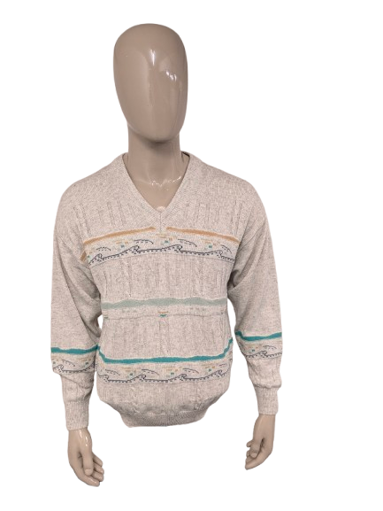 Vintage Giramondo-Pullover mit V-Ausschnitt. Beigegrün gefärbt. Größe L.