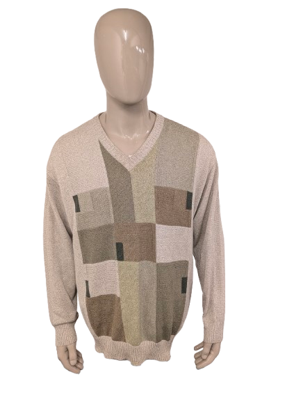 Vintage Breidhof Pullover mit V-Ausschnitt. Beige, grün, braun gefärbt. Größe XXL / 2XL.
