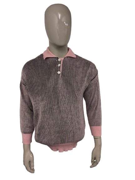 Vintage-Polopullover mit Knöpfen. Rosa Dunkelblau gestreift. Größe XL.
