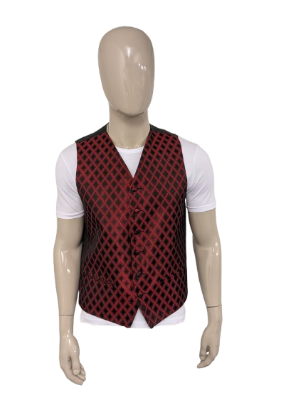Gilet met rood zwart glanzende print. Gestoffeerde knoopjes. Maat L.