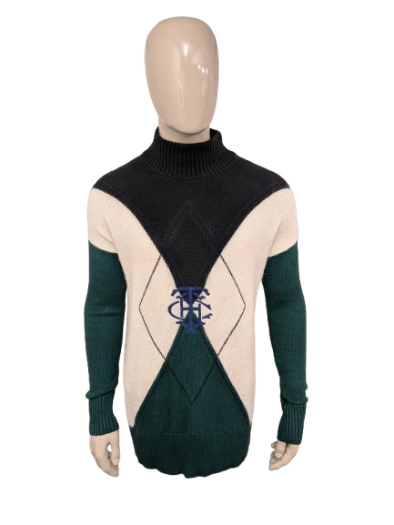 Tommy Hilfiger Wollpullover mit kleinem Rollkragenpullover. Grünblau Beige farbig. Größe L.