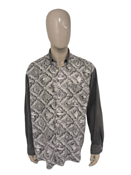 Vintage Double Duty overhemd. Grijs Zwart Witte print. Maat 2XL / XXL.