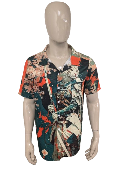 Vintage-Kurzarmshirt. Orange Grün Beige Katzendruck. Größe L.