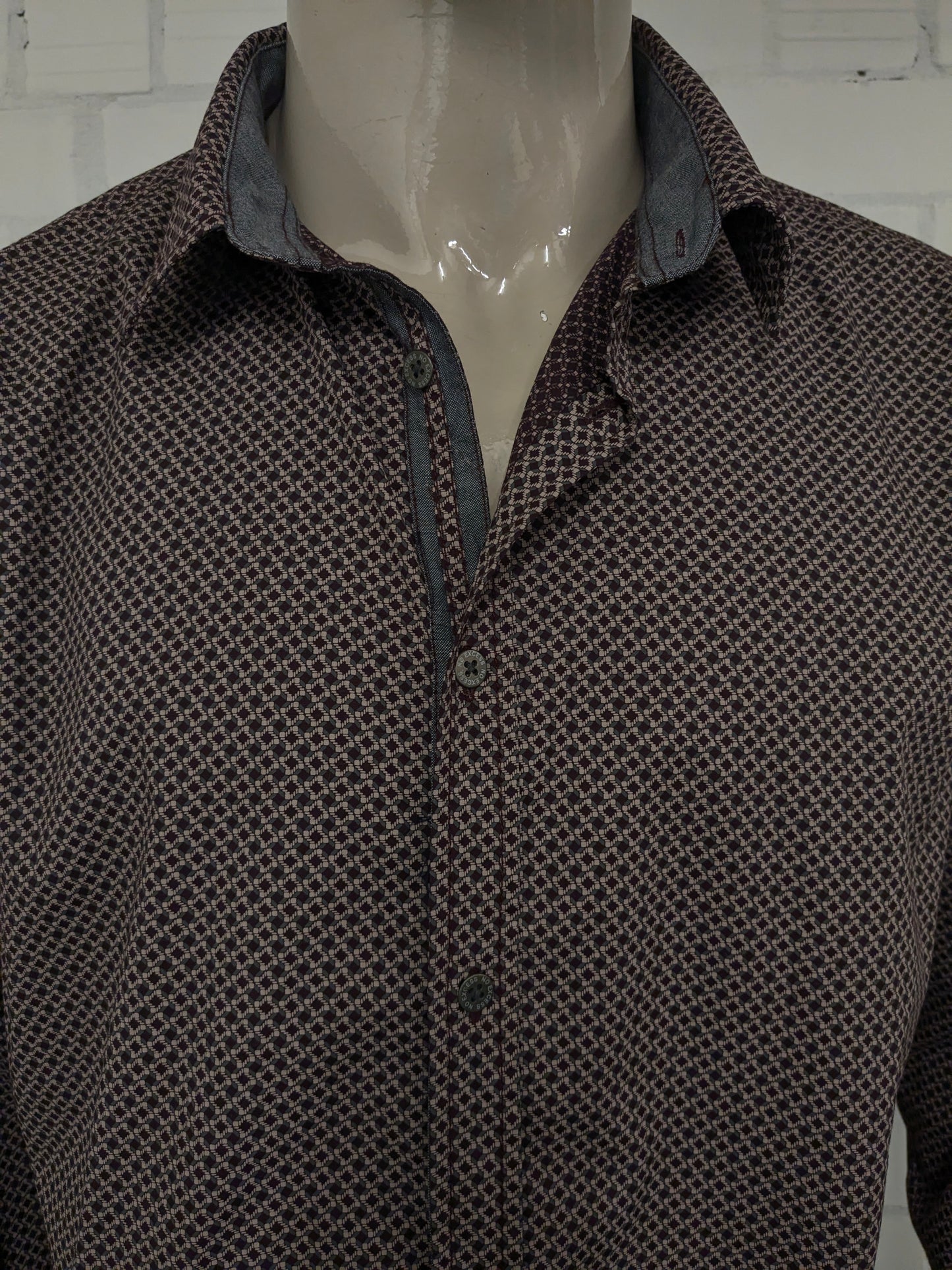 No Excess overhemd. Bordeaux Roze Grijze print. Maat XL.