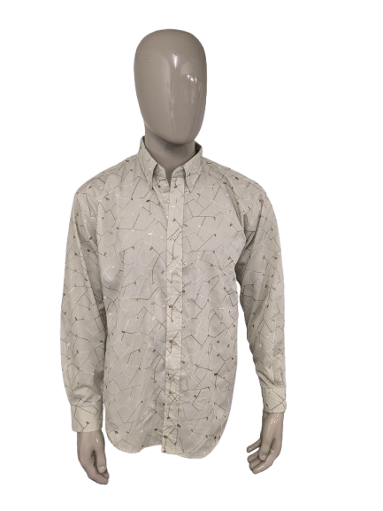 Chemise sur mesure. Motif brodé vert clair blanc marron. Taille L.