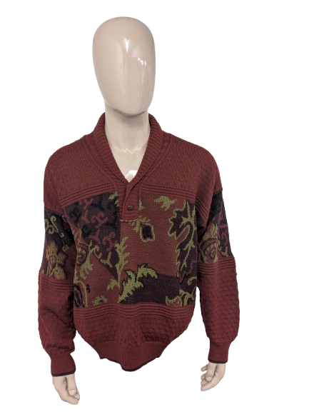 Vintage Portobello's Wollpullover mit Knöpfen. Rot/Braungrün gefärbt. Größe XL. 55 % Wolle.