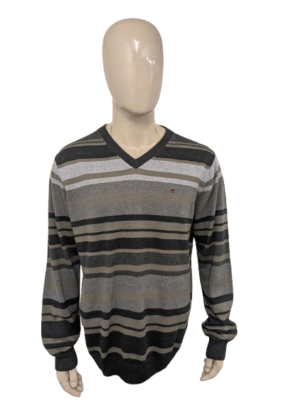 Pull décontracté State of Art avec col en V.  Vert gris rayé. Taille XL. coupe régulière.