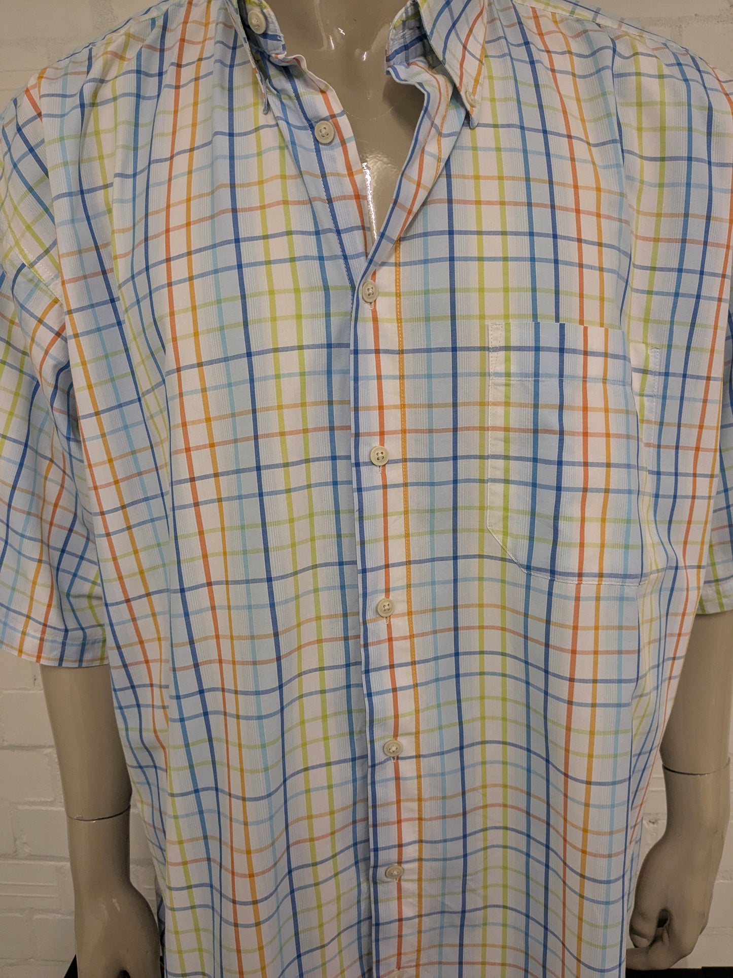 GCM Sports overhemd korte mouw. Blauw Oranje Groen geruit. Maat 4XL / XXXXL.