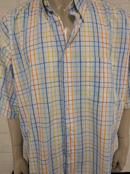 GCM Sports overhemd korte mouw. Blauw Oranje Groen geruit. Maat 4XL / XXXXL.