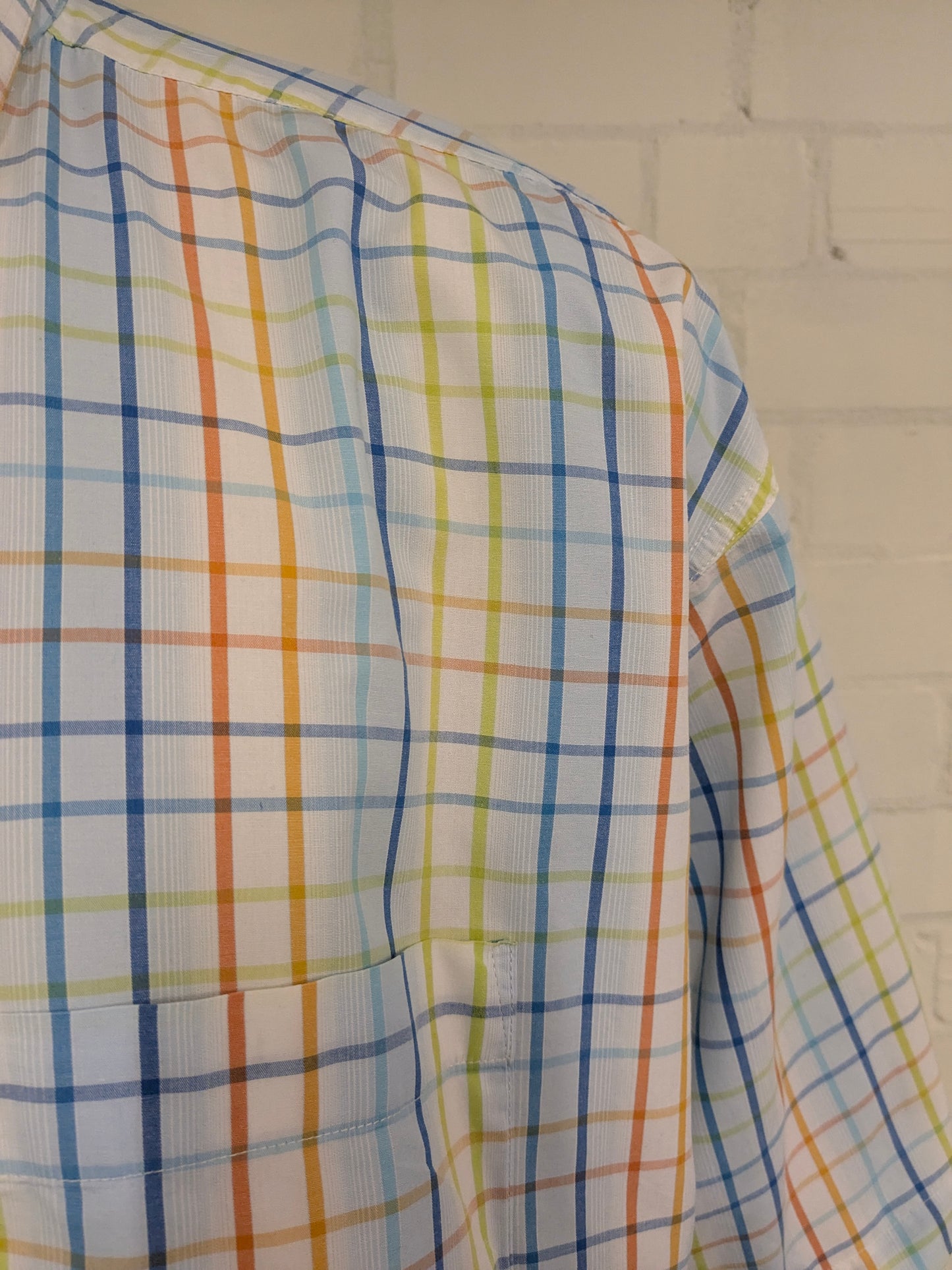 GCM Sports overhemd korte mouw. Blauw Oranje Groen geruit. Maat 4XL / XXXXL.