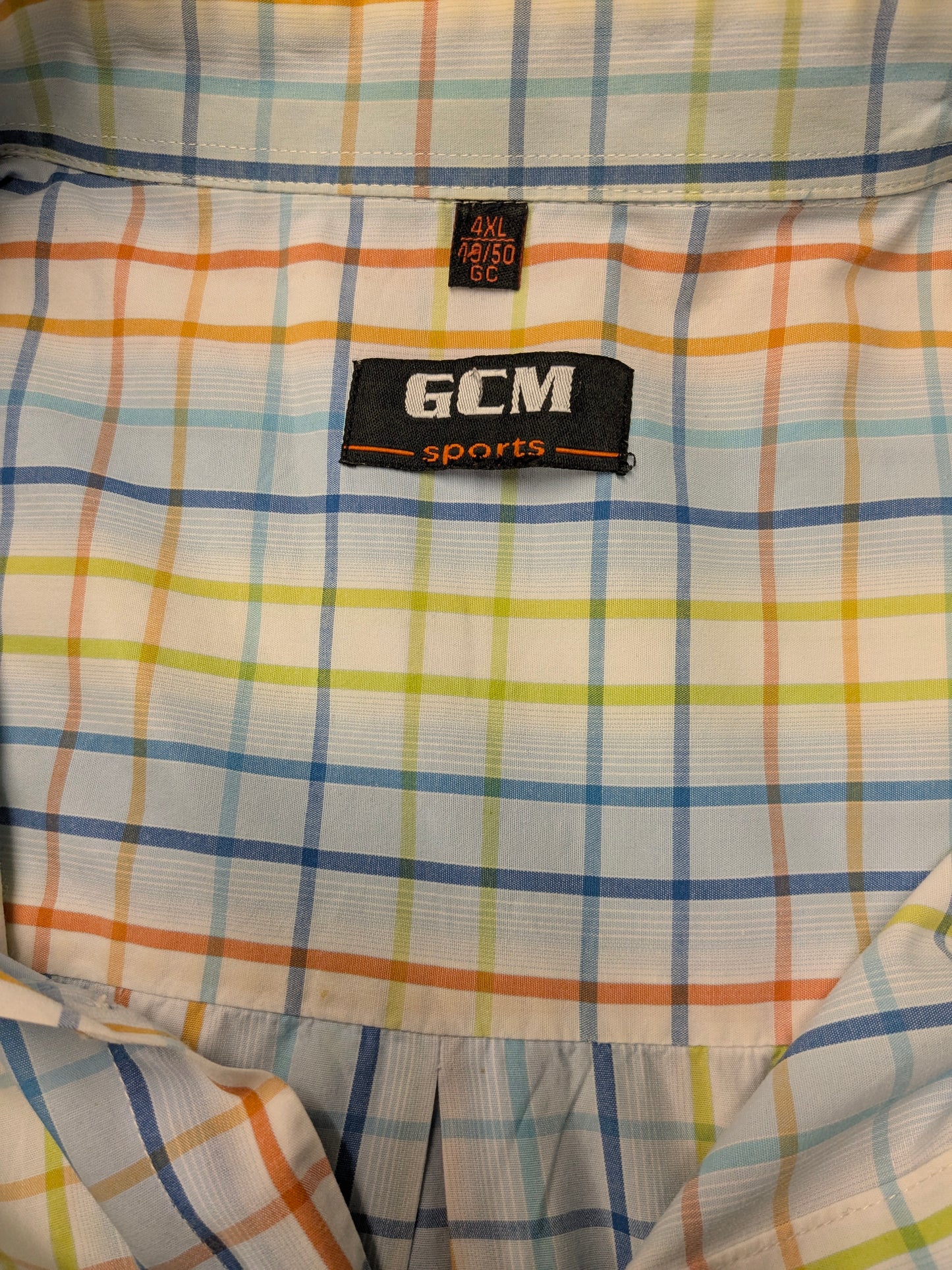 GCM Sports overhemd korte mouw. Blauw Oranje Groen geruit. Maat 4XL / XXXXL.
