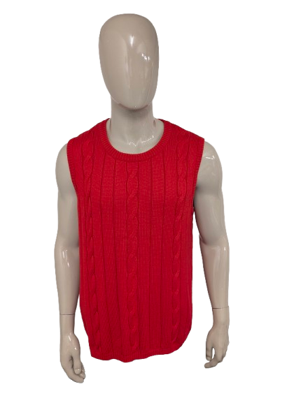 Lucia Wollen spencer. Red cable sweater motif. Size L. 50% Wool.