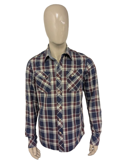 Vanguard overhemd. Bordeaux  Blauw geruit. Maat L.