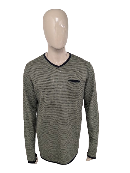 Blue Industry Pullover mit V-Ausschnitt und Ellbogenaufnähern – grün/blau gestreift – Größe XL