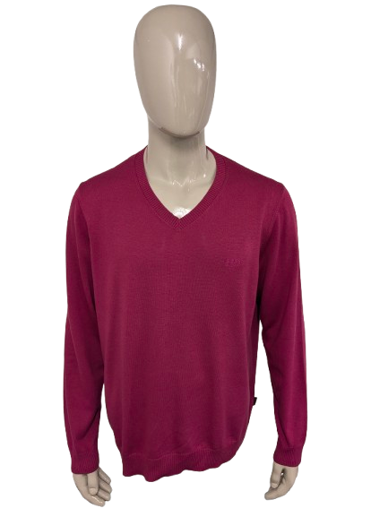 Maglione di cotone Hugo Boss con scollo a V. Colorato rosa scuro. Dimensione 2xl / xxl.