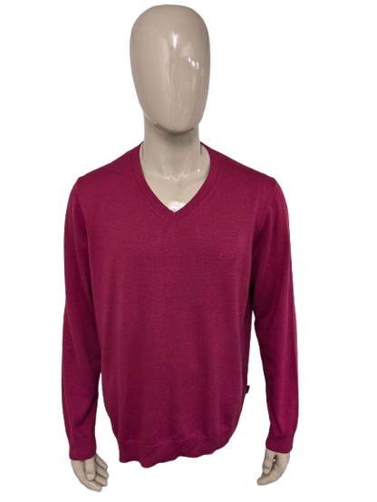 Maglione di cotone Hugo Boss con scollo a V. Colorato rosa scuro. Dimensione 2xl / xxl.