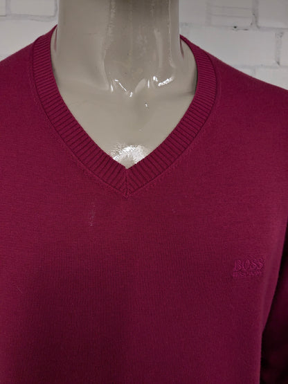 Maglione di cotone Hugo Boss con scollo a V. Colorato rosa scuro. Dimensione 2xl / xxl.