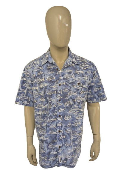 Vintage Flyshacker Hawaii-Hemd mit kurzen Ärmeln. Blau-weißer Druck. Größe XL.