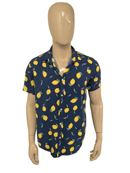 Cotton & Co overhemd korte mouw. Blauw Gele Citroenen print. Maat L. 100% Viscose.