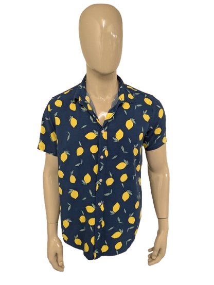 Cotton & Co overhemd korte mouw. Blauw Gele Citroenen print. Maat L. 100% Viscose.