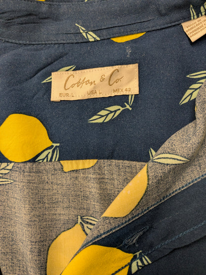 Cotton & Co overhemd korte mouw. Blauw Gele Citroenen print. Maat L. 100% Viscose.