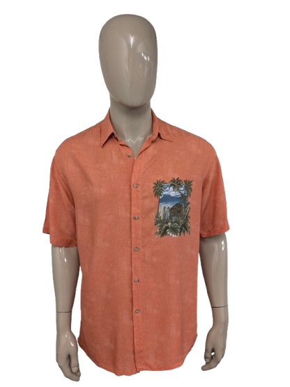 Vintage Campina overhemd korte mouw. Roze met Hawaii print. Maat L.