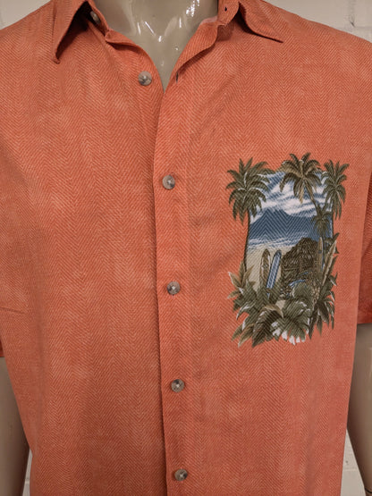 Vintage Campina overhemd korte mouw. Roze met Hawaii print. Maat L.