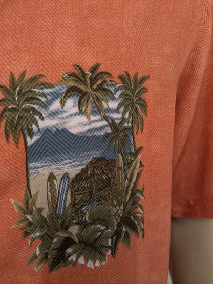 Vintage Campina overhemd korte mouw. Roze met Hawaii print. Maat L.