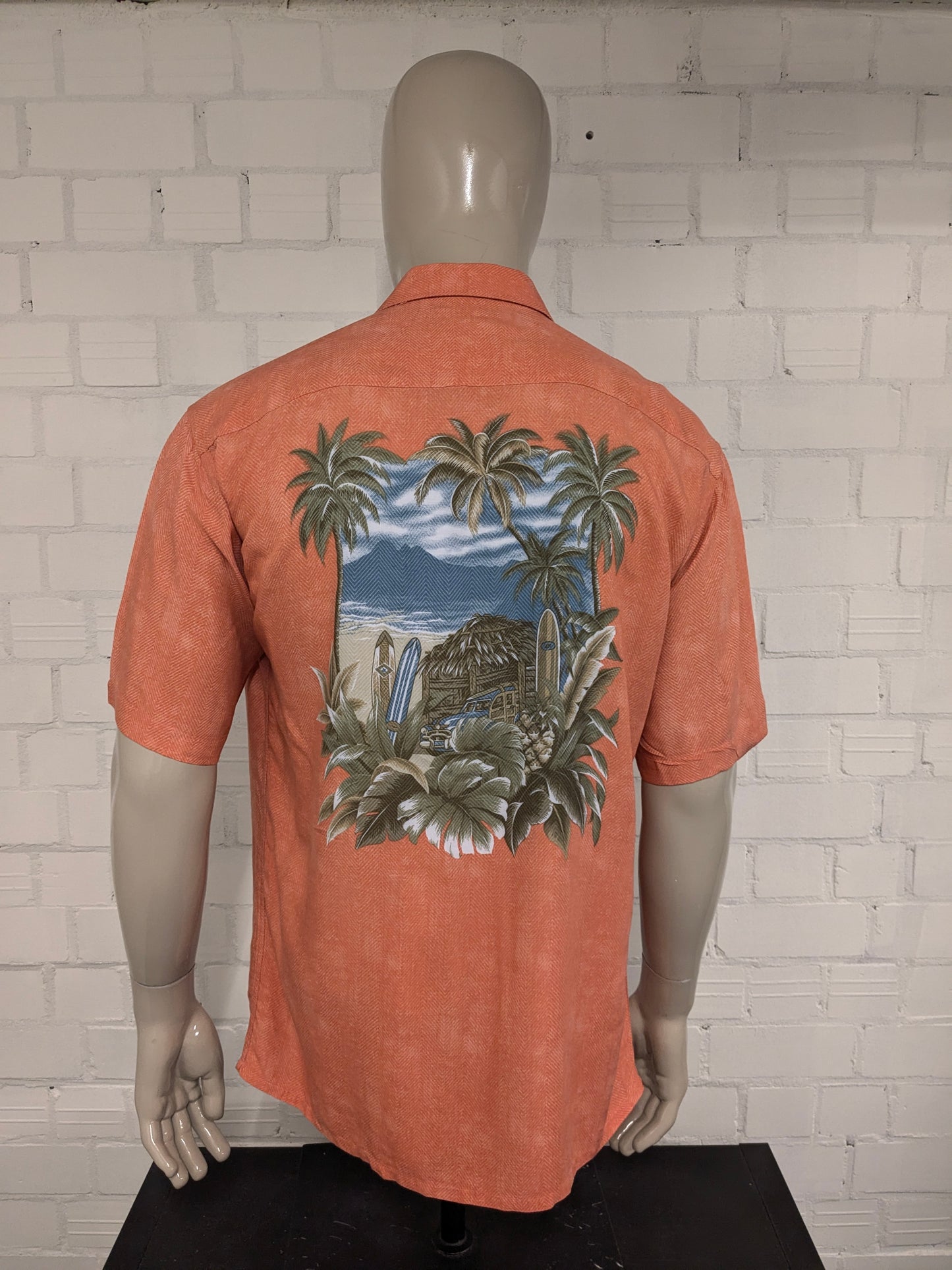 Vintage Campina overhemd korte mouw. Roze met Hawaii print. Maat L.