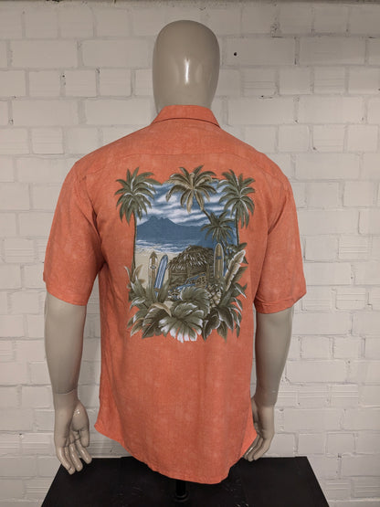 Vintage Campina overhemd korte mouw. Roze met Hawaii print. Maat L.