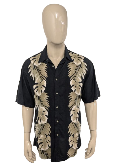 Vintage Pierre Cardin Hawaii overhemd korte mouw. Zwart Beige Groen gekleurd. Maat L.