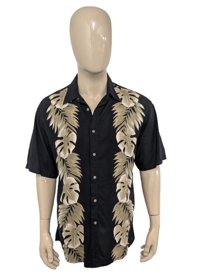 Vintage Pierre Cardin Hawaii overhemd korte mouw. Zwart Beige Groen gekleurd. Maat L.