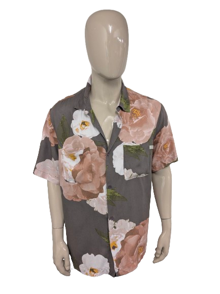 Standard-Kurzarmhemd aus Stoff – rosa/grüner Blumendruck – Größe 2XL