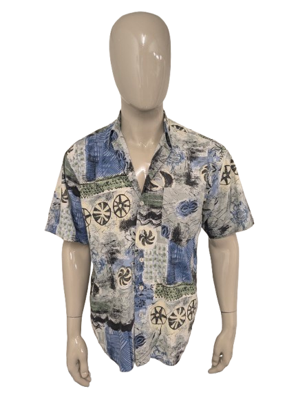 Vintage Schiesser Hemd kurzarm – blau/grün/schwarz bedruckt – Größe L