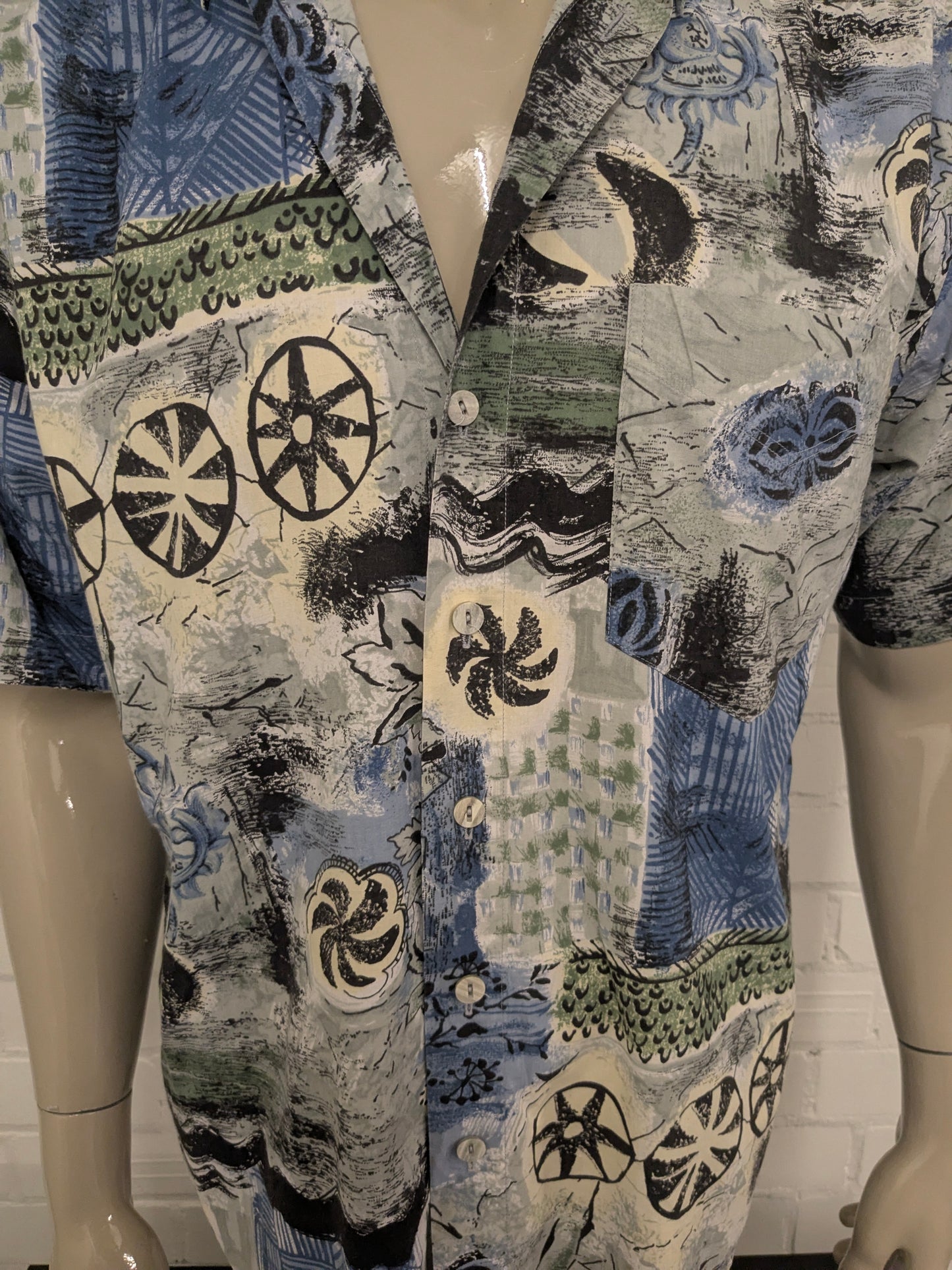 Shieve Shiesser vintage manica corta. Stampa nera verde blu. Taglia L.