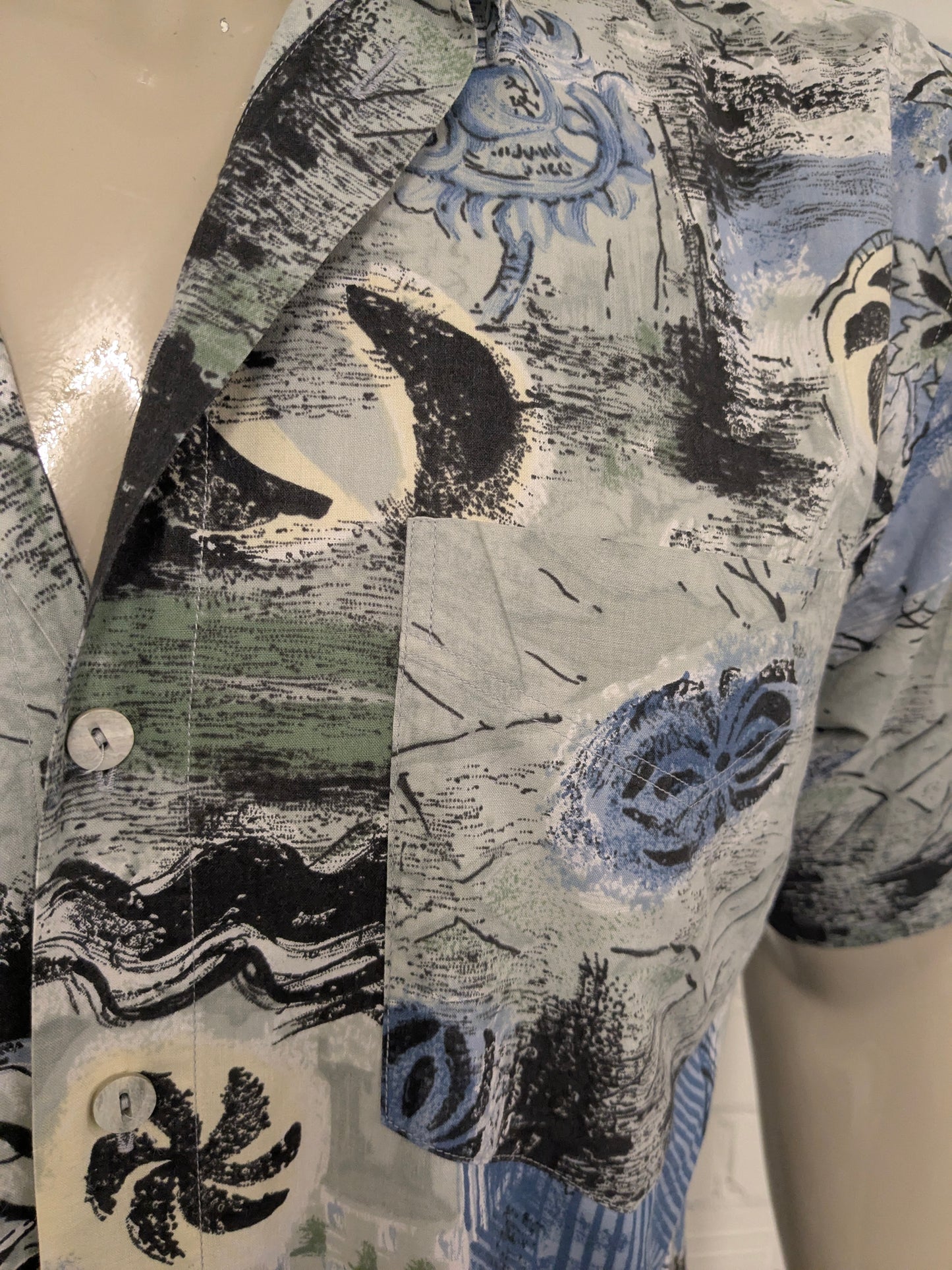 Shieve Shiesser vintage manica corta. Stampa nera verde blu. Taglia L.