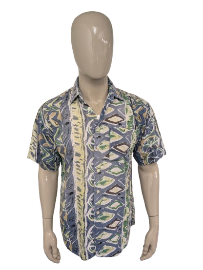 Vintage Fashion Report overhemd korte mouw. Groen Blauw Bruine print. Maat L.