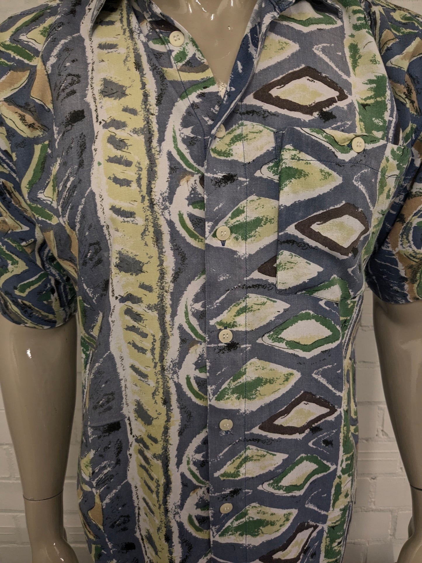 Vintage Fashion Report overhemd korte mouw. Groen Blauw Bruine print. Maat L.