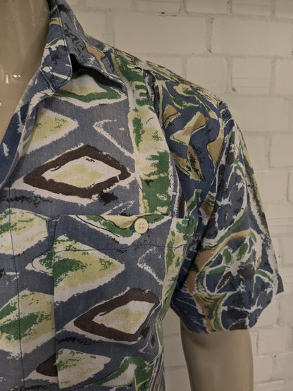 Vintage Fashion Report overhemd korte mouw. Groen Blauw Bruine print. Maat L.