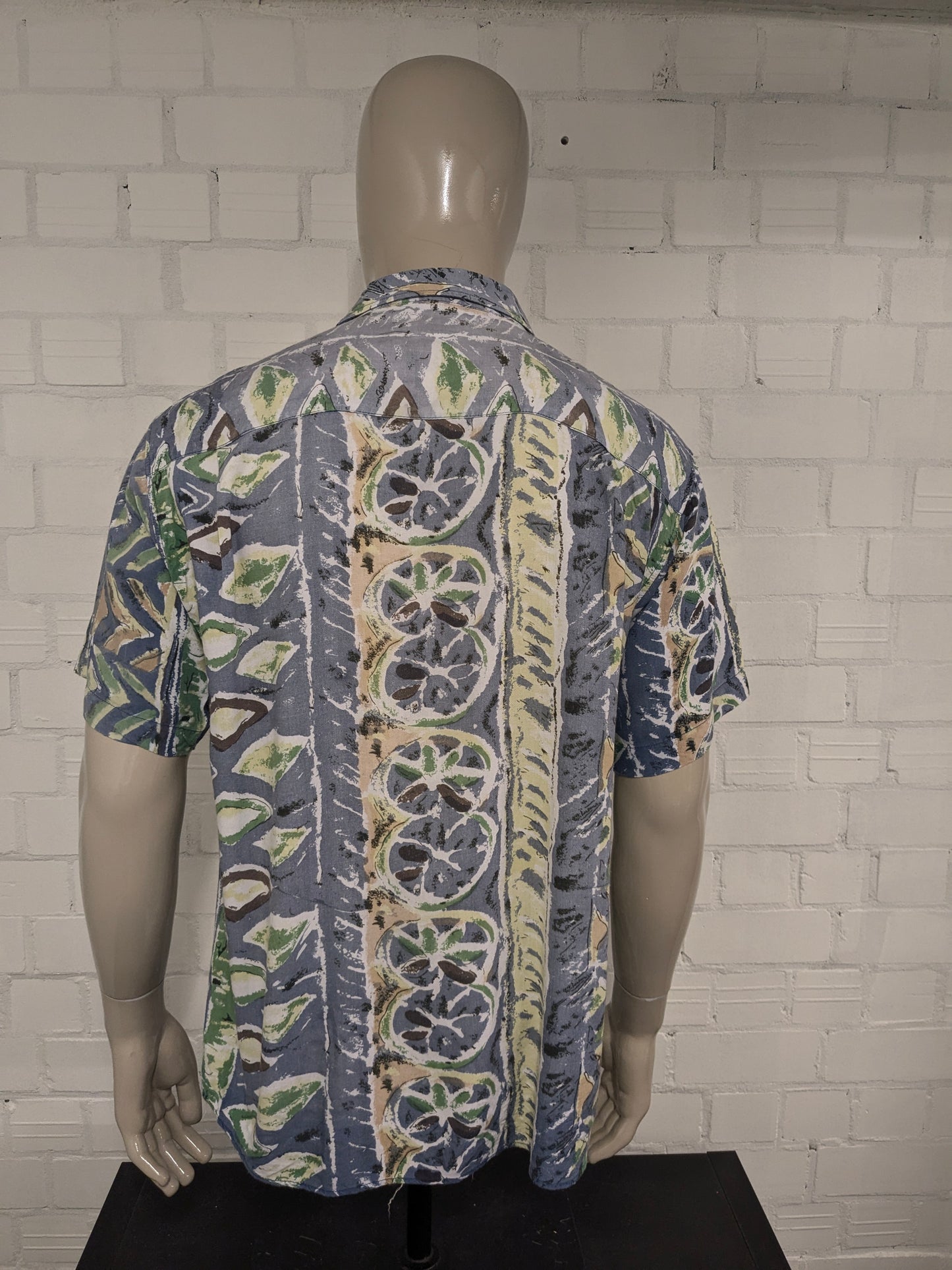 Vintage Fashion Report overhemd korte mouw. Groen Blauw Bruine print. Maat L.