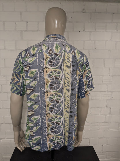Vintage Fashion Report overhemd korte mouw. Groen Blauw Bruine print. Maat L.