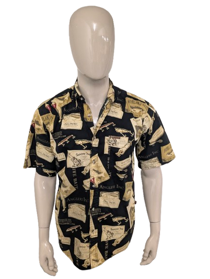 Vintage Outdoor Life overhemd korte mouw. Groen Zwarte print. Maat M.