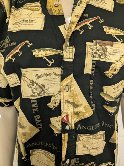 Vintage Outdoor Life overhemd korte mouw. Groen Zwarte print. Maat M.