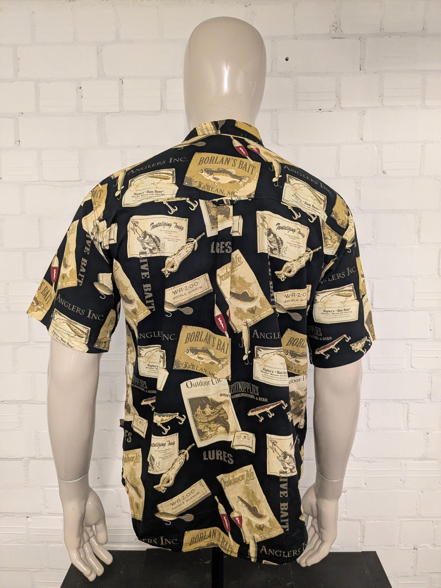 Vintage Outdoor Life overhemd korte mouw. Groen Zwarte print. Maat M.