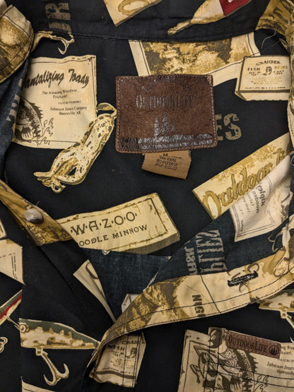 Vintage Outdoor Life overhemd korte mouw. Groen Zwarte print. Maat M.