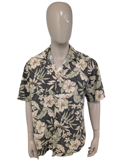 Vintage Piere Cardin Hawaii overhemd korte mouw. Groen Zwart Beige print. Maat 2XL / XXL.