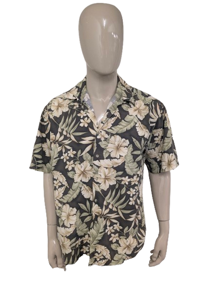 Vintage Piere Cardin Hawaii overhemd korte mouw. Groen Zwart Beige print. Maat 2XL / XXL.