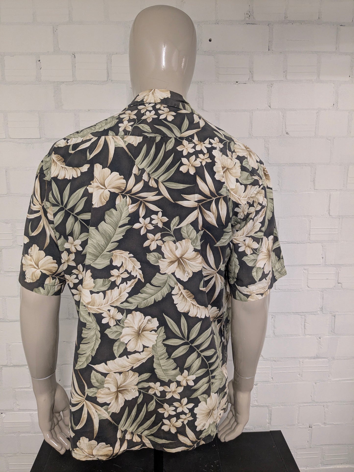 Vintage Piere Cardin Hawaii overhemd korte mouw. Groen Zwart Beige print. Maat 2XL / XXL.