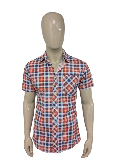 Camisa Vintage de los 70 manga corta. Azul blanco rojo revisado. Tamaño M.