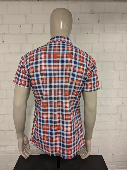 Camisa Vintage de los 70 manga corta. Azul blanco rojo revisado. Tamaño M.